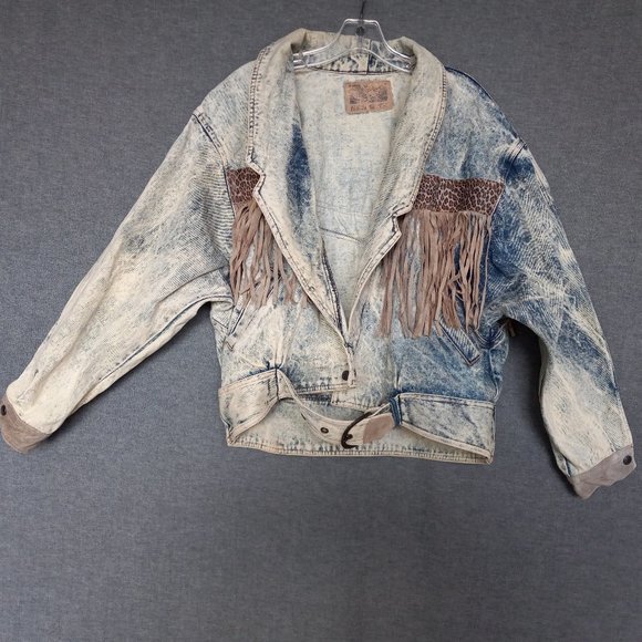 Vintage Fringe Denim Jacket Acid Wash Size L - Picture 1 of 16